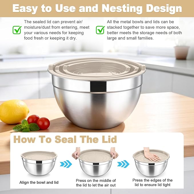 TeamFar Mixing Bowls, Stainless Steel Nesting Salad Bowls with Airtight Lids Set, For Serving/Mixing/Storing, Rust-proof & Heavy Duty, Dishwasher Safe, Set of 3-4.6/3 / 1.5 QT, Khaki