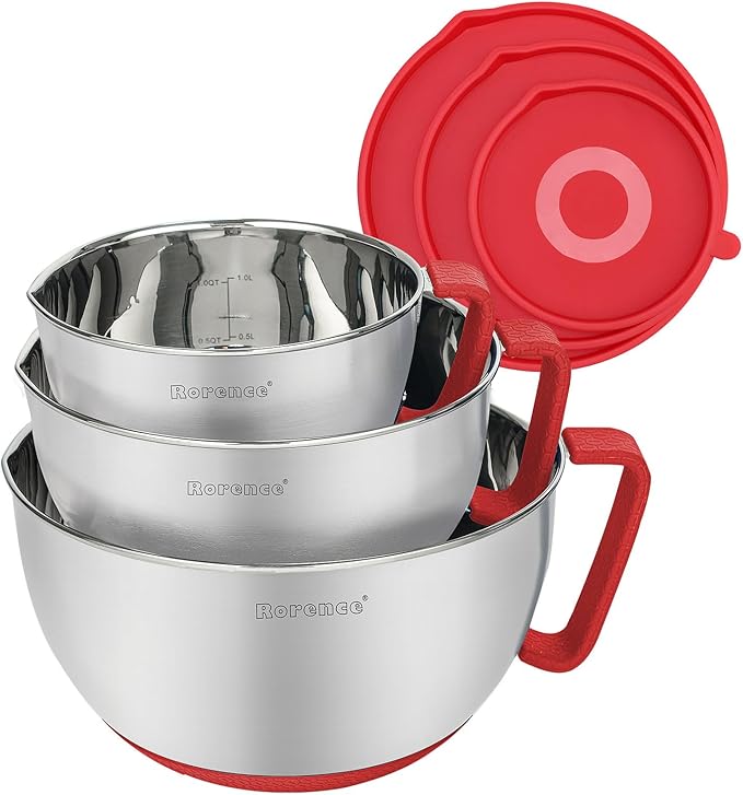 Rorence Mixing Bowls with Lids Set: Stainless Steel Mixing Bowls with Handles, Non-Slip Bottom & Pour Spout - Red, 3 quarts
