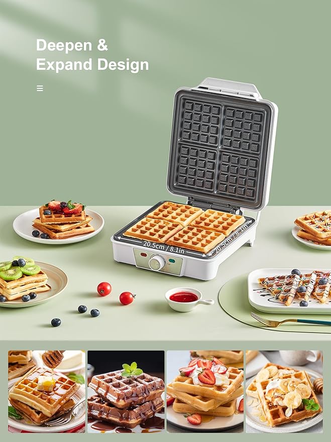Belgian Waffle Maker 4 Slices, 1200W Waffle Iron, Anti-Overflow Waffle Iron with Browning Knob, Nonstick Plates, Indicator Lights, Silver/Black (White)