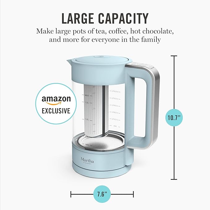 Martha Stewart Electric Kettle with Removable Stainless Steel Tea Infuser, Glass Carafe 1.7L (7 Cups), Hot Water Boiler, 4 Presets, Keep Warm & Auto Shut-Off, Cordless 360° Swivel Base, Sky Blue