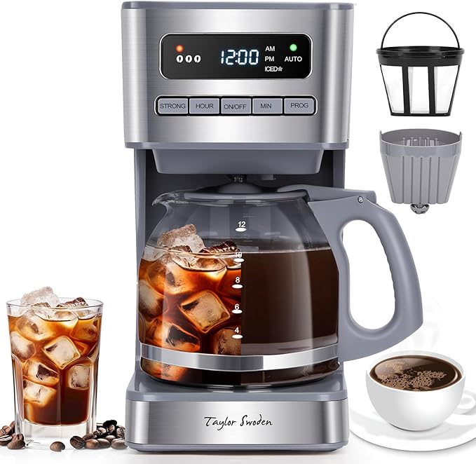 Taylor Swoden Programmable Coffee Makers 12 Cup, Hot and Iced Coffee Maker, 4 Brew Strength, LED Display, 24H Timer, Keep Warm&Auto Shutoff- Drip Coffee Machine for Home/Office, Gray & Stainless Steel