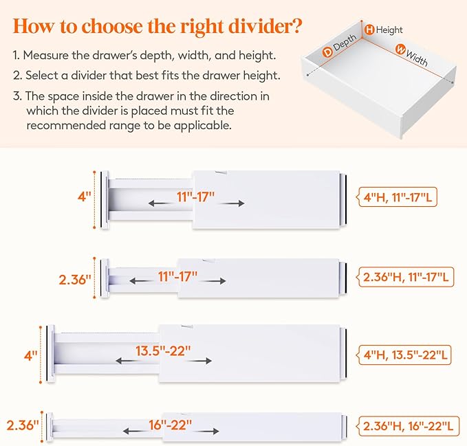 Lifewit 12 Pack 4" High Drawer Dividers 28-43.5cm/11-17" Adjustable Drawer Organizer for Clothes/Utensils, Expandable Drawer Separator in Dresser/Kitchen/Bedroom/Office Organization & Storage White