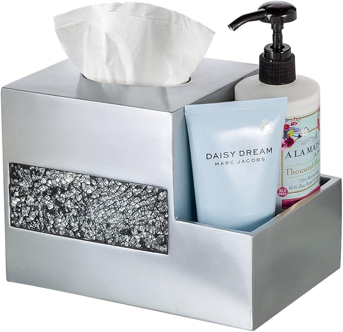 Crackled Glass Tissue Box Cover Square Silver Decorative Multi-function Storage Organizer Caddy; Tissue Box Holder & Countertop Nightstand Bedside Table Organizer Makeup, Phone, Remote Control Holder