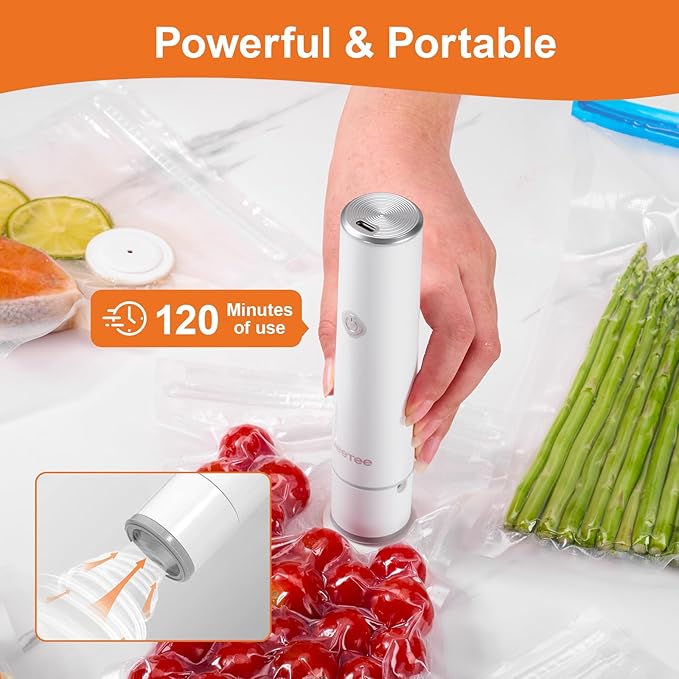 JEETEE Vacuum Sealer with 35 Reusable Bags for Food Fresh, Compact & Handhed Vacuum Sealer Machine for Food Seal, Portable, White