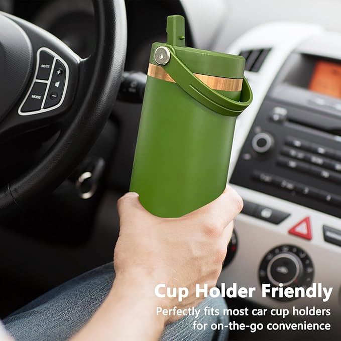 30 oz Tumbler with Handle and Straw, Vacuum Insulated Tumblers with Flip Straw and Top Handle, Leakproof Powder Coated Tumbler, Stainless Steel Travel Mug for Coffee Water (Army Green, 1 Pack)