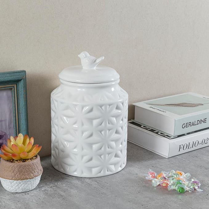 MyGift 6 Inch Round White Ceramic Cookie Jar with Airtight Lid and Bird Shape Top Handle, Vintage Style Kitchen Canister with Embossed Geometric Star Pattern