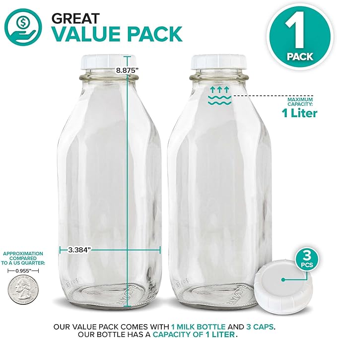 Stock Your Home Liter Glass Milk Bottle with Lid (1 Pack) 32 Oz Jugs and 3 White Caps, Reusable Food Grade Milk Container for Refrigerator, Bottles for Juice, Oat or Plant Milks, Water, Honey