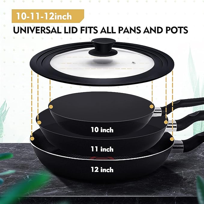 Ydeapi Universal Lid for Pots, Pans and Skillets, Pot Lid With Heat Resistant Silicone Rim and Tempered Glass,Fits 10", 11", 12" Diameter Pots and Pans