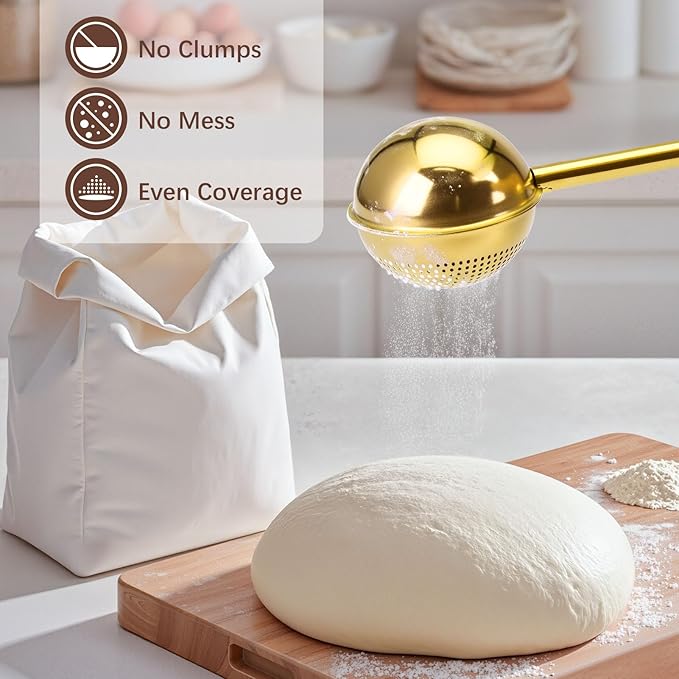 HULISEN Flour Duster for Baking, One-Handed Operation, 304 Stainless Steel Powdered Sugar Shaker Duster, Pick Up and Dust Flour Sifter, Gift Package, Gold