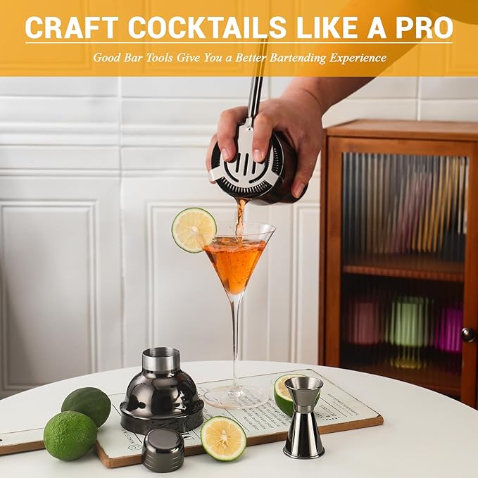 Bartender Kit Cocktail Shaker Set, Stainless Steel Cocktail Kit with 12 Piece Bar Accessories, 25oz Shaker Bar Set Drink Mixer Set with Stand Jigger Strainer Spoon Muddler for Cocktails (Black)
