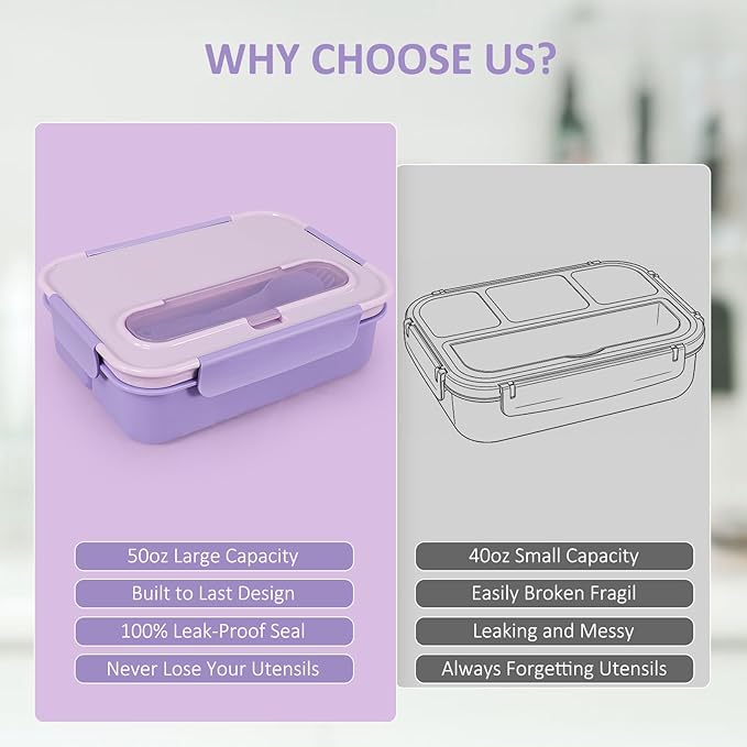 Caperci Bento Box Adult - 50 oz Large Lunch Containers for Adults and Teens, 4-Compartment Bento Lunch Box with Utensils & Leak Proof Sauce Cup, Dishwasher Safe, Durable, BPA-Free (Lavender)