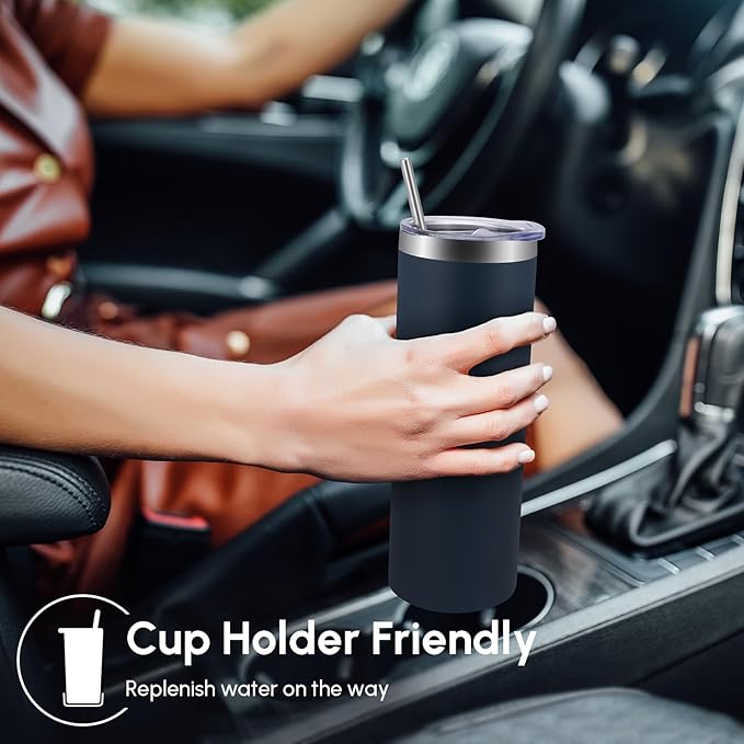 Volhoply 20 oz Skinny Tumbler with Lid and Straw, Stainless Steel Straight Tumblers Cup, Vacuum Insulated Coffee Mug for Home, Office, Travel, DIY (Navy,1 Pack)