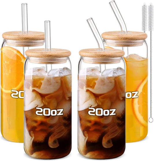 DWTS DANWEITESI Glass Cups “20oz”,Glass Cups with Lids and Straws 4 pcs-Coffee Cups,Drinking Glasses Set,Glass Tumbler with Straw and Lid Gift 2 Cleaning Brushes