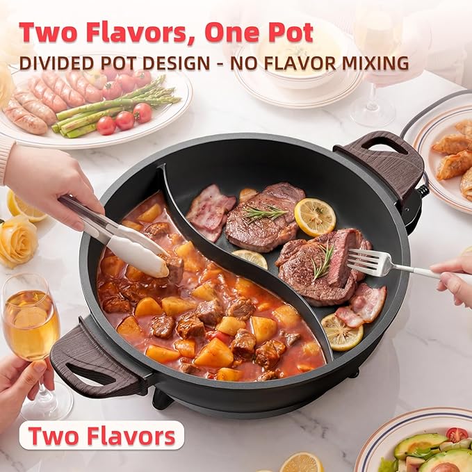 TWIN™ Electric Hot Pot with Divider | PFAS-Free Ceramic Nonstick Pot | EvenHeat Cast Aluminum Body | 1500W Fast Heating | Dual-Flavor Shabu Shabu Pots for Family Use | 1-Yr Warranty