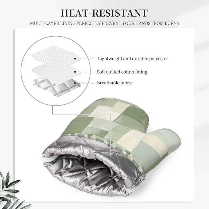 Oven Mitts and Pot Holders Set, Modern Art Pastel Green Geometric Silicone Kitchen Accessories 4 Piece Heat Resistant Long Gloves Potholder Non-Slip Grip for Chef Cooking Baking Grilling BBQ