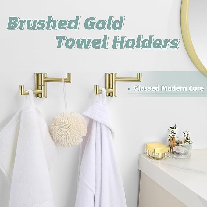 APLusee 2-Pack Brushed Gold Swivel Double Towel Hooks, 304 Stainless Steel Wall Hooks with 2 Arms, Space-Saving Towel Hangers for Bathroom Kitchen RV
