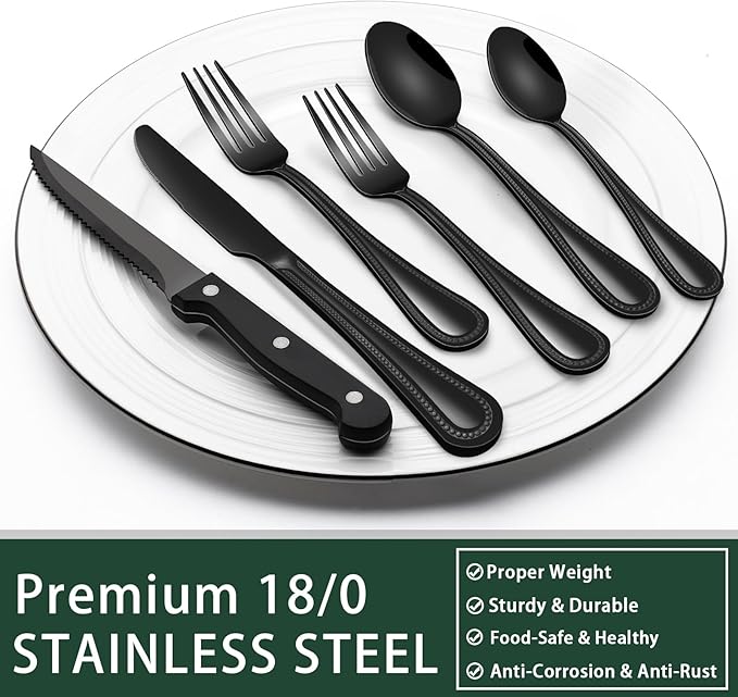 EWFEN 24-Piece Black Silverware Set with Steak Knives, Black Flatware Set for 4, Food-Grade Stainless Steel Tableware Cutlery Set, Mirror Finished Utensil Sets for Home Restaurant, Pearled Edge