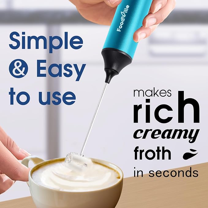 FoodVille MF05 Rechargeable Milk Frother USB Charging Handheld Foam Maker with Stainless Balloon Whisk for Cappuccino, Latte, Bulletproof Coffee, Keto Diet, Protein Powder, Matcha (Azure Blue)