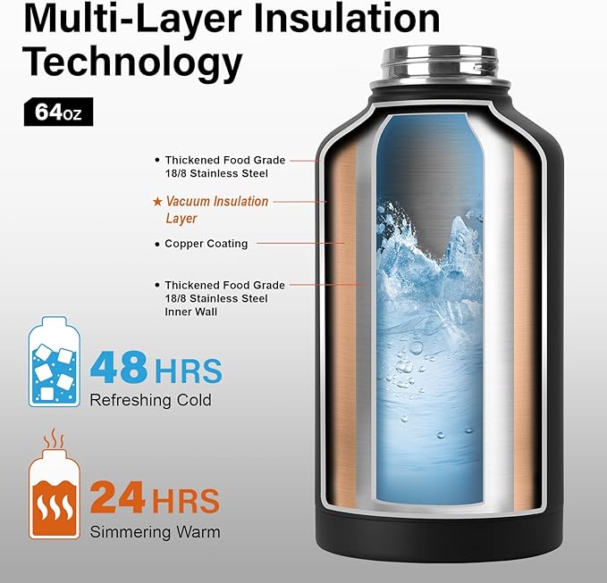 DYSANKY Insulated Water Bottle | Thickened Stainless Steel Vacuum Metal | Portable Sports Half Gallon Large Water Jug for Gym and Hiking with Straw, Carrier Bag, Handle Strap | BPA-Free 64 oz