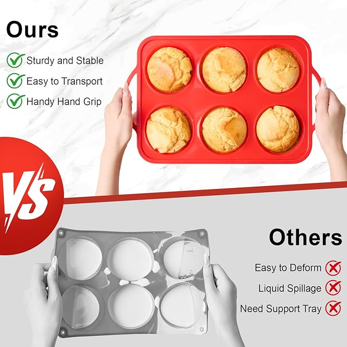 Puyeipt 2 Pack Jumbo Muffin Pans with Metal Frame, 6 Cup Large Cupcake Molds with Handles, Silicone Egg Bite Baking Trays, BPA Free & Non-Stick
