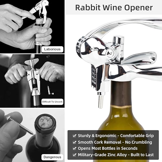 Rabbit Wine Opener Set, Premium 6-Piece Corkscrew Kit with Wooden Gift Box, Includes Foil Cutter, Wine Stopper & Accessories, Easy Cork Removal, Perfect for Wine Lovers (Vintage Silver)