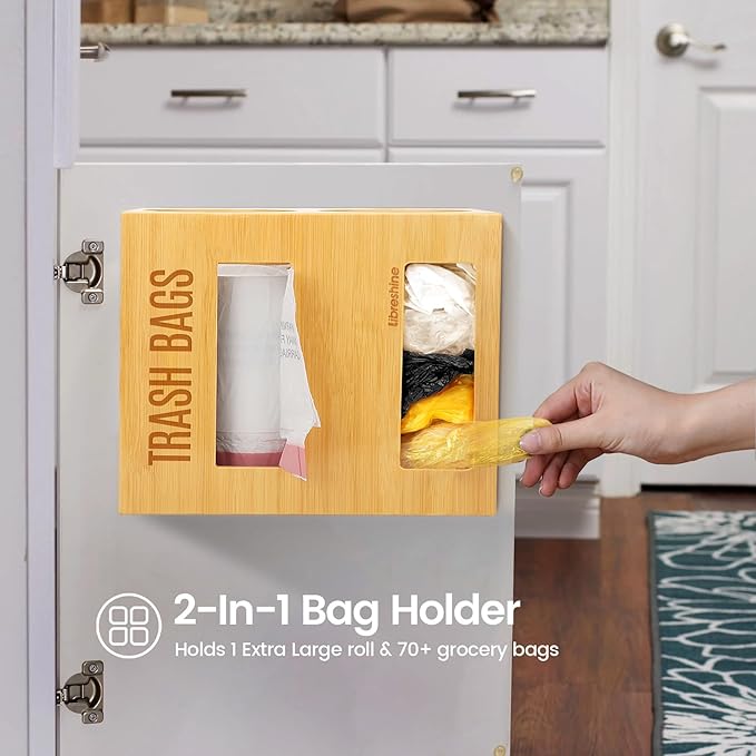 Extra Large Bamboo 2-in-1 Trash Bag Dispenser & Roll Holder – Fits Costco Kirkland & Members Mark Jumbo Rolls, Wall/Under-Sink/Cabinet Mountable, Dual-Slot Storage for 2 Rolls