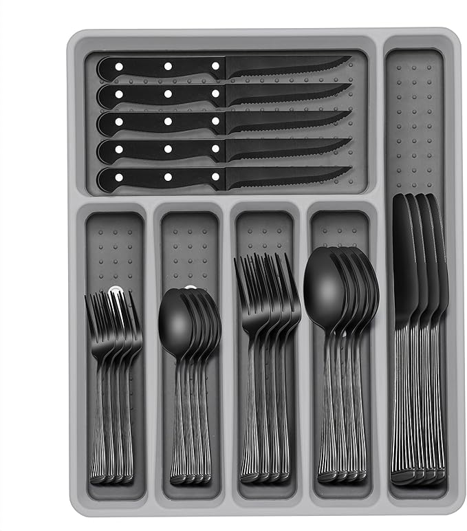 49-Piece Black Silverware Set with Organizer, Food-Grade Stainless Steel Black Flatware for 8, Cutlery Utensil Sets with Steak Knives, Rust-proof, Mirror Polished, Dishwasher Safe, Roman Column