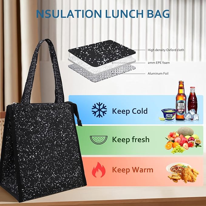 iknoe Insulated Lunch Bag for Women & Adults, 9L Foldable Wide-Open Cooler Bag with Pockets, Leakproof & Portable, for Picnic, Office, Beach(Bright black)