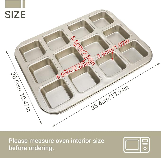 Beasea Brownie Pan with Dividers, 2 Set Gold All Edges Square Cupcake Brownie Pans 12 Mini Cavity Non Stick Baking Carbon Steel Bread Mold Small Edge 3x4 Individual Cutter Sheet Tray for Cake Oven