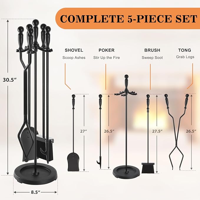 Gtongoko Fireplace Tools Set 5 Pcs 30.5 Inch Black Wrought Iron Large Fire Place Tool Set Indoor/Outdoor Include Poker, Shovel, Brush, Tong and Round Stand, Fireplace Kit Accessories Set