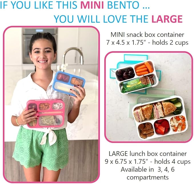 Small Snack Containers for Kids Toddlers - 3 Compartments (Set of 2) - Leak-Proof Reusable Boxes with Lids -BPA-Free Plastic Mini Bento Lunch Box - Ideal for School, Daycare - Holds 2 Cups (Pink+Blue)