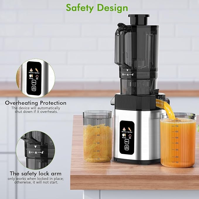 Electactic Slow Juicer Machine with 300W Pure Copper Motor, 4.35-Inch Wide Chute & Reverse Function, Stainless Steel Juicer for Family Daily Use