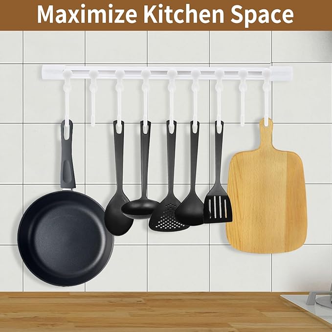 Kitchen Utensil Hanging Rrack - Hooks for Kitchen Utensils, No Drilling Wall Mounted Utensil Holder, Kitchen Rail Rack with 10 Hooks Hanger for Kitchen Bathroom (Pack of 2)