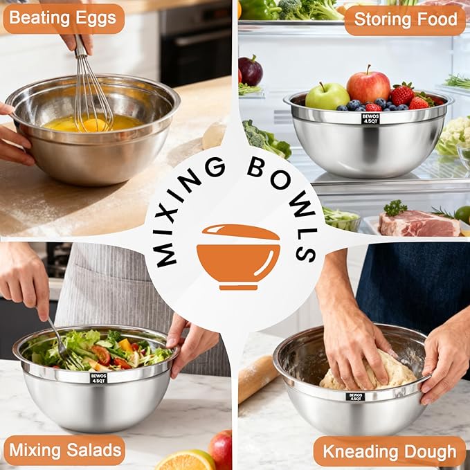 BEWOS Mixing Bowls with Lids Set - 5 Pcs Stainless Steel Mixing Bowls With 3 Grater Attachments, Size 4.5, 4, 3.5, 2.1, 1.5QT Metal Bowls for Baking and Serving (Colored)
