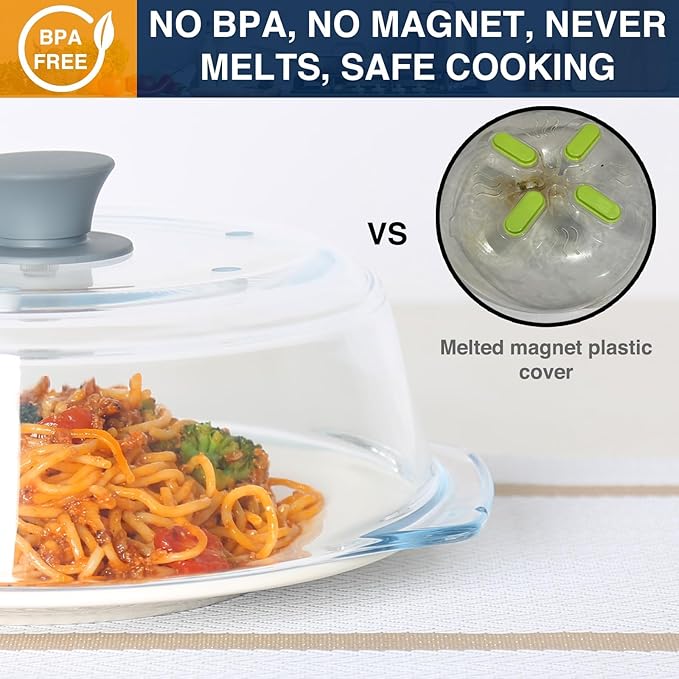 lopeztek Glass Microwave Splatter Cover, Glass Microwave Oven Covers for Food, Splatter Guard for Dish Plate, BPA Free & Dishwasher Safe Lid with Silicone Handle