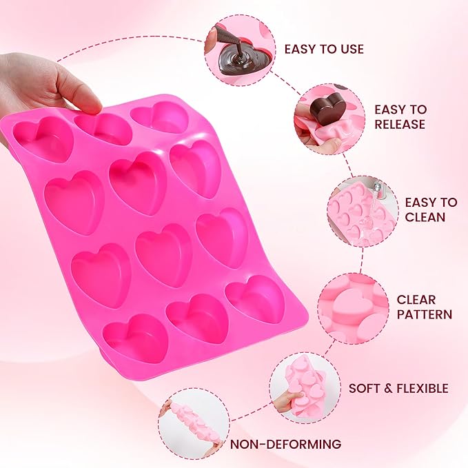 Heart-Shaped Silicone Chocolate Molds - Set of 2 Non-Stick Candy Heart Molds for Baking, Candy, Gummy, Cake, Jelly, Pudding, Handmade Soap Mould, Food Grade - Pink&Rose