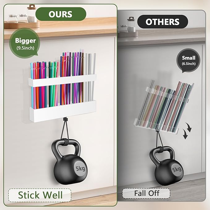 Acrylic Straw Holder for Cabinet Door - Reusable Tumbler Straw Organizer Storage, Small Kitchen Accessories Container, Ultra Sticky Cupboard Door Mounted (White, Large 9.5" (Most Cabinets))