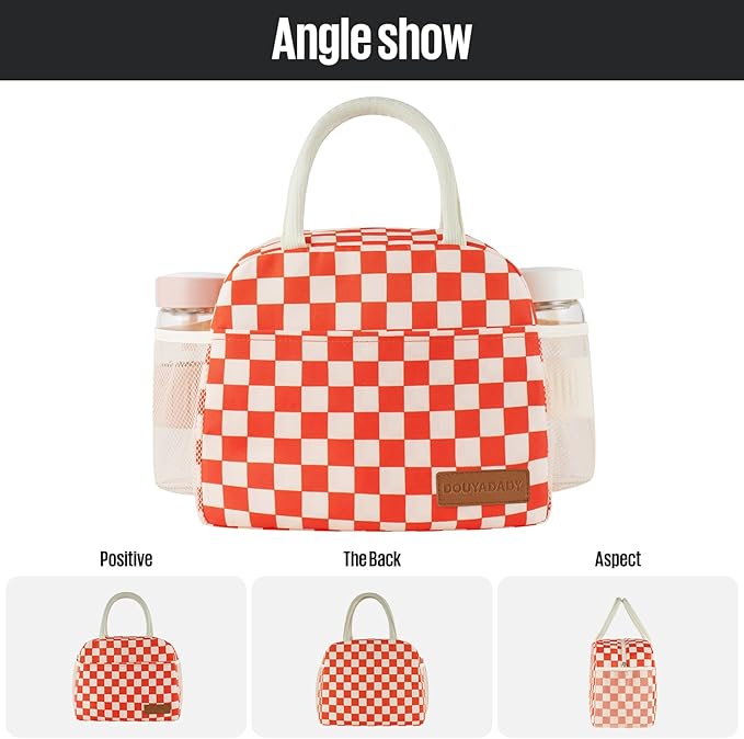 douyadady Lunch Bag Women/Men Lunch Box Women/Men (Red+Beige Checkerboard)