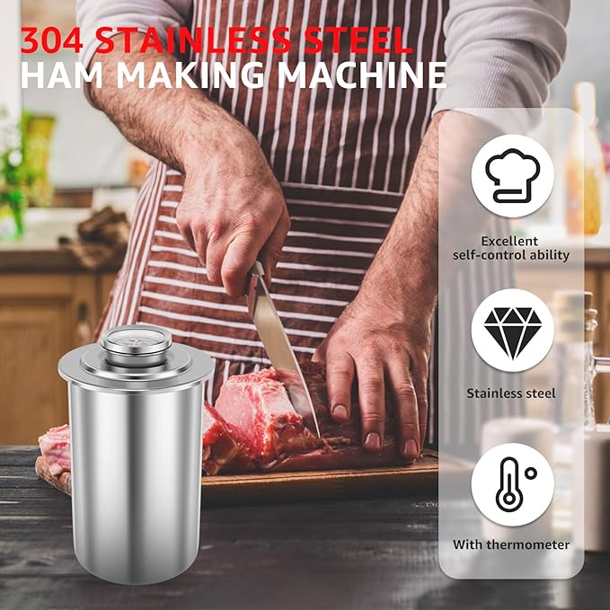 Ham Meat Press Maker with Thermometer, Stainless Steel Ham Press Maker Machine Gourmet Cooking Tools, Round Shape Meat Press Maker Machine, Kitchen Bacon Meat Pressure Cookers Boiler Pot
