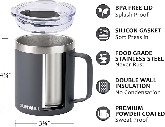 SUNWILL Travel Coffee Mug with Lid, Insulated Tumbler with Handle, 14 oz Stainless Steel Cup for Home, Office, Camping, Powder Coated Charcoal