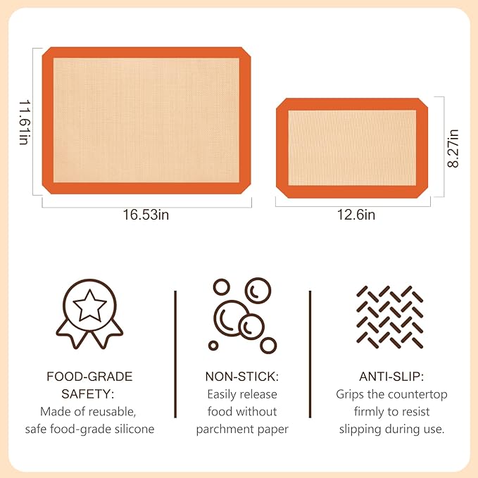 Silicone Baking Mat, Reusable Silicone Mats for Baking Set of 3, Non-Stick Baking Supplies for Pastries, Cookies, Macaroons, Bread
