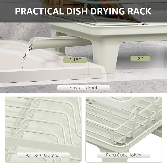 Urackify Dish Drying Rack for Kitchen Counter, Sink Dish Rack with Drainboard, Large Dish Drainer with Cups Holder, Home Countertop Plate Dryer Storage Rack with Cutlery Holder, Soft Celery Green