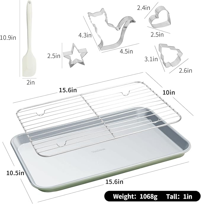 7PCS Ceramic-Coated Baking Sheet Set - 10x15in Jelly Roll Pan Non-Stick Cookie Sheet with Wire Rack, Silicone Spatula & 4 Cookie Cutters, PFAS Free, Oven Safe (550°F), Pistachio Green