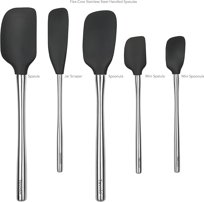 Tovolo Stainless Steel Handled Silicone Spatula Set of 5, Dishwasher Safe Kitchen Spatula Set for Cooking Baking, BPA Free Silicone Spatula set with Metal Steel Handle, Black
