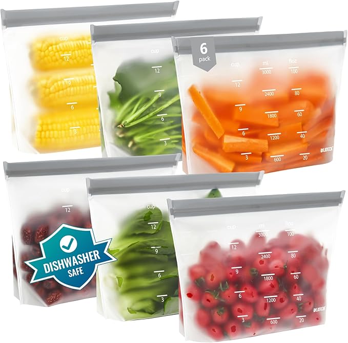IDEATECH Reusable Bags Dishwasher Safe, BPA Free Reusable Gallon Freezer Bags, Stand Up Leakproof Food Storage Bags for Marinate Meats, Salad Fruit, Vegetables, Home Organization -Gray 6 Gallon