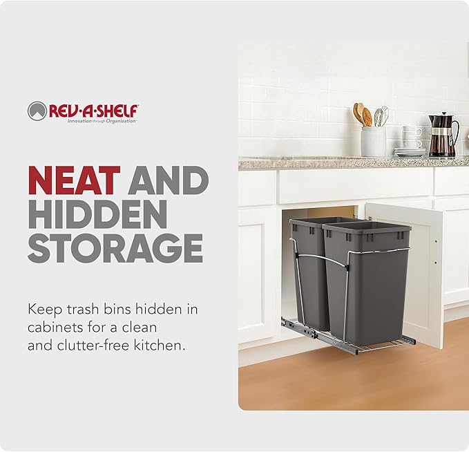 Rev-A-Shelf Pullout Trash Can for Kitchen Cabinets 27 Qt Garbage Waste Recycling Bin with Full Extension Slides, Orion Gray, RV-15KD-13C-S