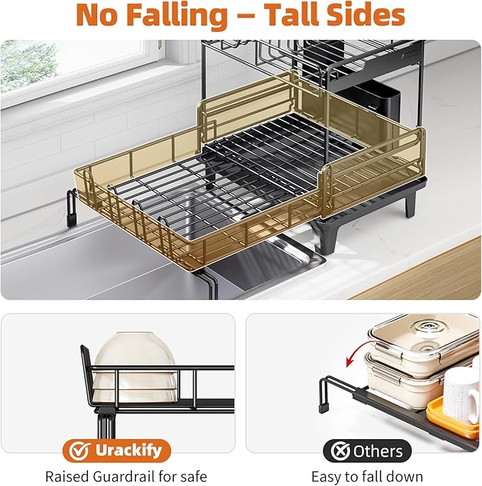 Urackify Dish Drying Rack - Extendable Dish Drainer, Large Dish Rack for Kitchen Counter, Rustproof Dish Strainer with Utensil Holder and Cups Holder, 2 Tier Black