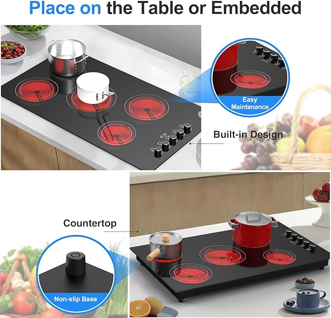 VBGK Electric Cooktop 36 inch,Built-in 36 inch Electric Cooktop 8000W Power Control by Knob, 36 induction cooktop with 9 Power Levels with Child Safety Lock, Timer,Over-Temperature 220V-240V.