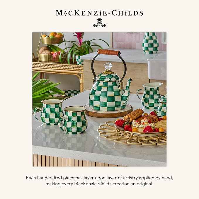 MACKENZIE-CHILDS Enamel Compote, Cute Enamel Pedestal Serving Dish or Decorative Bowl, Large, Green-and-White Emerald Check