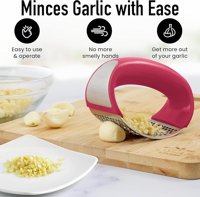 Angel's Peel Lounge Stainless Steel Garlic Press Rocker Set with Silicone Garlic Peeler & Cleaning Brush – Garlic Chopper, Mincer, Grater, Crusher – Easy for Crushed Cloves – Rust-Resistant, Red